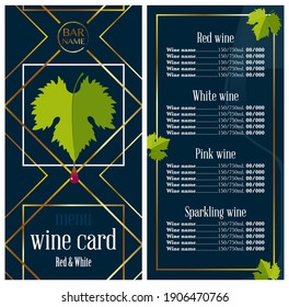 Menú o carta de vinos para bar y restaurante. Hojas verdes de vid y líneas doradas sobre un fondo azul 