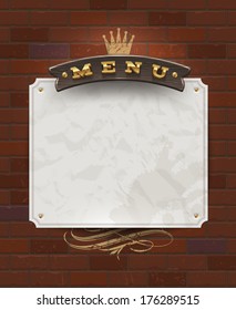 Menu wooden signboard and paper banner on vintage brick wall - vector illustration