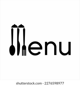 Menu word design with illustration of spoon, fork, knife and serving lid on letter M.