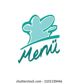 Menu word hand drawn lettering. Cook, chef hat. Icon and logo design.