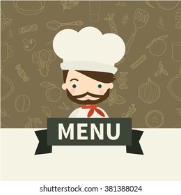 Menu.Chef .Cookware. Kitchen utensils. Food, fruits, vegetables and spices. Cooking. Hand-drawn seamless pattern. Pattern are not cropped and can be edited.  All elements are  hidden under mask