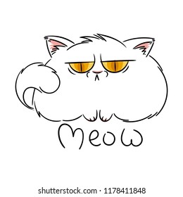 Meow. Angry furry cartoon cat. Cute grumpy cat for prints, design, cards, tag. Vector illustration.