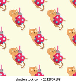 meow and ball in Christmas day cartoon seamless pattern