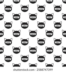 Meow. Black Cat Head Silhouette Seamless Pattern vector illusion