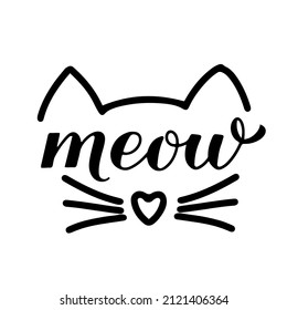 Meow calligraphy hand lettering with cute cat face. Pet lover quote. Vector template for typography poster, banner, sticker, etc.