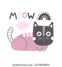 Meow. cartoon cat, hand drawing lettering. colorful vector flat style illustration for kids. baby design for cards, prints, posters, cover