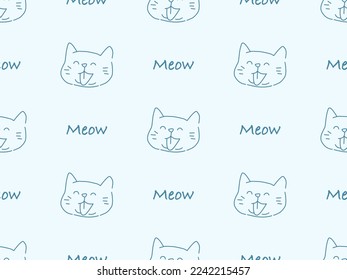 Meow cartoon character seamless pattern on blue background