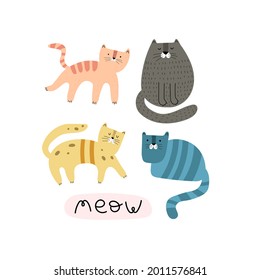 meow. cartoon set of cats, hand drawing lettering. colorful vector flat style illustration for kids. baby design for cards, prints, posters, cover