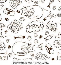 Meow cat contours seamless pattern vector illustration mouse lettering hand drawing