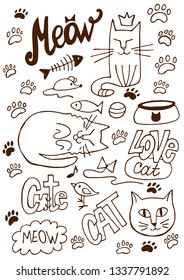 Meow cat contours set vector illustration mouse lettering hand drawing