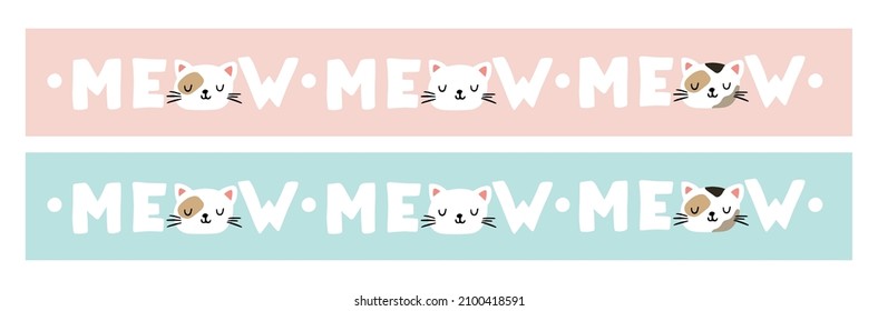 Meow, cat cute print. Fashion cats face. Scandinavian style. Meow quote. Vector illustration with cat head and the word Meow. Funny pet typography poster, pet clothing design.