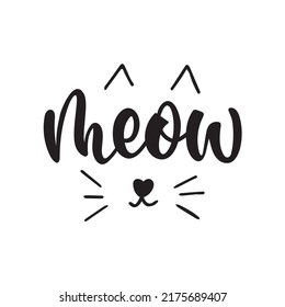 Cita linda de gato maullido, caligrafía de pincel. Grabar tipografía y orejas de gatito. Frases escritas a mano para afiches, ropa para niños, diseño de camisetas. emblema de la ilustración del vector aislado en fondo blanco