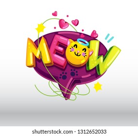 Meow cat emoji speech bubble color letters cartoon illustration