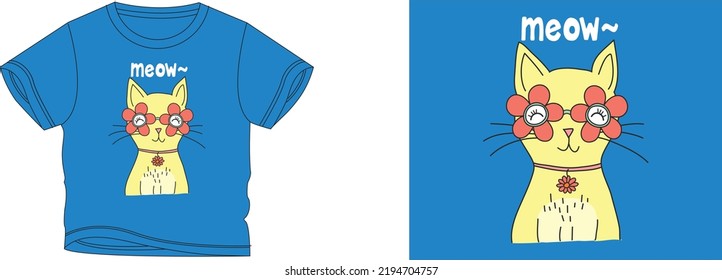 meow cat eyeglass flower t-shirt design background color is a blue and t-shirt color is a blue beautiful color and beautiful design