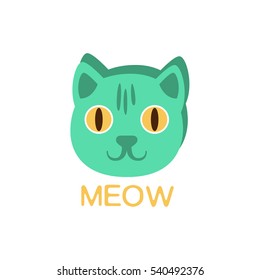 Meow and Cat-Gesicht, Wort und entsprechende Illustration, Cartoon-Charakter Emoji mit Augen, die den Text illustrieren