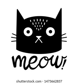 Meow Cat. Hand drawn cute cat illustration in doodle style. For children, women, funny, cute. Vector EPS
