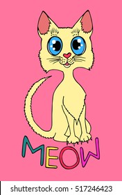 Meow. Cat vector on a pink background. Object isolated illustration. Doodle style. Cloth design, wallpaper, wrapping, textile, paper, card, invitation, holiday, birthday, child.Color magic art.Eps10.