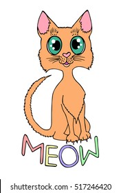 Meow. Cat vector on a white background. Object isolated illustration. Doodle style. Cloth design, wallpaper, wrapping, textile, paper, card, invitation, holiday, birthday, child.Color magic art.Eps10.