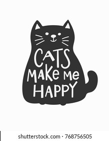 Meow Cats make me happy quote lettering. Calligraphy inspiration graphic design typography element. Hand written postcard. Cute simple vector sign.