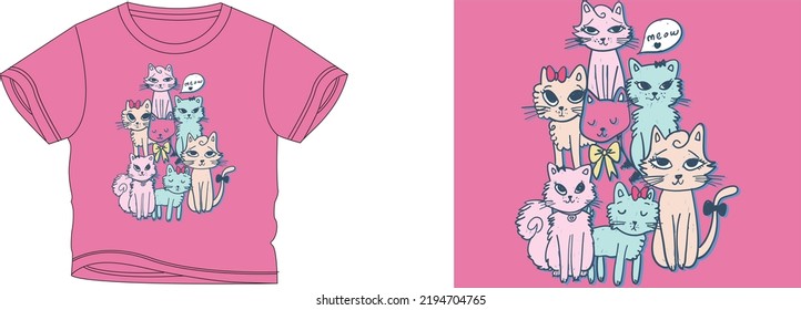 el color de fondo del diseño de camisetas de los gatos maullido es rosa y el color de las camisetas es un color rosa hermoso y hermoso diseño