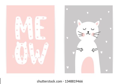Meow. Child's gently pink gray poster with a cat and lettering composition.