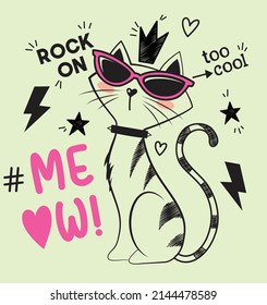 meow, cute cat, girls graphic t shirts vector designs and other uses.