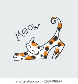 Meow. Cute doodle cat. Hand drawn vector illustration. Nice for t-shirt print, kids wear fashion design, baby shower invitation and greetings card.