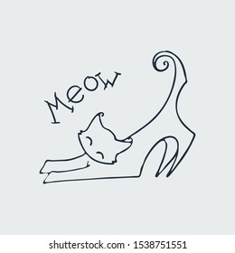 Meow. Cute doodle cat. Hand drawn vector illustration. Nice for t-shirt print, kids wear fashion design, baby shower invitation and greetings card.