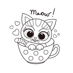 Meow. Cute Kitten In A Cup. Black And White Linear Image. For Children's Design Of Coloring Books, Postcards, Stickers, Prints, Posters, Etc. Vector