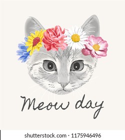 meow day with cat flower crown illustration