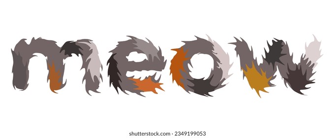 Meow. Fluffy lettering. Vector isolated illustration. Multicolored cat.