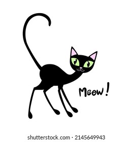 Meow. Funny black cat with green eyes. For the design of prints, posters, stickers, cards, cards, banners and so on. Vector illustration