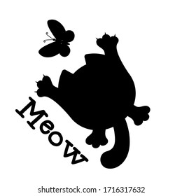 Meow. Funny black kitten catches a butterfly.  Silhouette for design, postcards, covers, t-shirt prints and more. Vector image isolated on a white background.