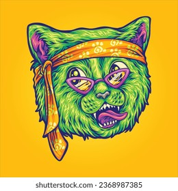 Meow funny bohemian hippie cat vector illustrations for your work logo, merchandise t-shirt, stickers and label designs, poster, greeting cards advertising business company or brands