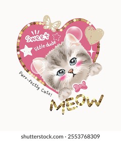 meow golden sequins slogna with cute little kitten in pink heart vector illustratyion