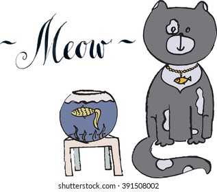 Meow, gray cat with gold fish, hand drawn, vector Illustration