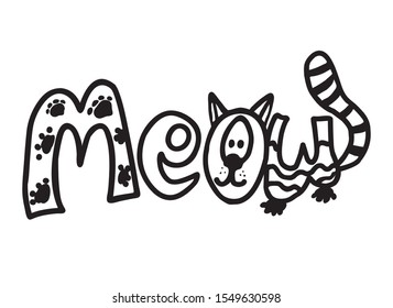Meow handwriting lettering word with cat mouth and tail, cartoon vector illustration isolated. Sketch with pets face and quote - fashion print for t-shirts and cards.