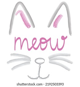 Meow - handwritten text on a Cat outline with whiskers and ears in grey and pink colors