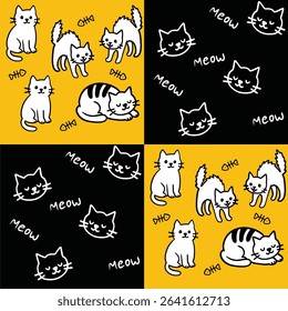 Cat’s meow illustration of seamless pattern in black and yellow. Hand drawn illustration in vector. Great for printing, gift wrapping, backdrop, cover book and others.