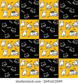 Cat’s meow illustration of seamless pattern repeated in black and yellow. Hand drawn illustration in vector. Great for printing, gift wrapping, backdrop, cover book and others.