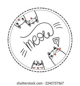 Meow. Kawaii vector illustration hand drawn banner. Cute cats with greetings and lettering on white color. Doodle coloring in cartoon style