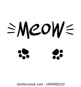 Meow Lettering With Cat Whiskers And Paws. Black Drawing On White Background. Vector Illustration.