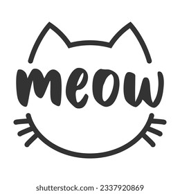 Meow lettering inside cat head pictogram, with ears and whiskers. Cute design for feline lovers and cat moms.