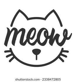 Meow lettering inside cat head pictogram, with ears and whiskers. Cute design for feline lovers and cat moms.