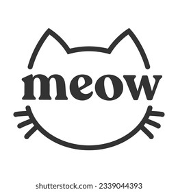 Meow lettering inside cat head pictogram, with ears and whiskers. Cute design for feline lovers and cat moms.