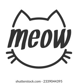 Meow lettering inside cat head pictogram, with ears and whiskers. Cute design for feline lovers and cat moms.