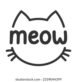 Meow lettering inside cat head pictogram, with ears and whiskers. Cute design for feline lovers and cat moms.