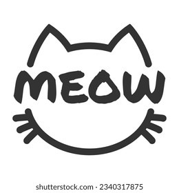 Meow lettering inside cat head pictogram, with ears and whiskers. Cute design for feline lovers and cat moms.