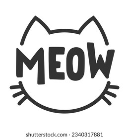 Meow lettering inside cat head pictogram, with ears and whiskers. Cute design for feline lovers and cat moms.