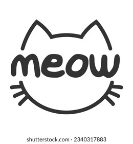 Meow lettering inside cat head pictogram, with ears and whiskers. Cute design for feline lovers and cat moms.